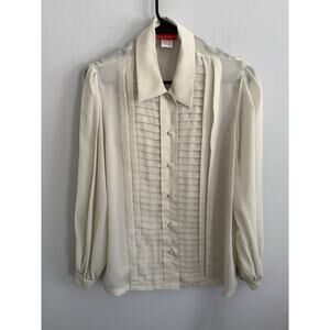 Vintage Halston III Cream Pleated Sheer Blouse Size M Romantic Minimalist Top